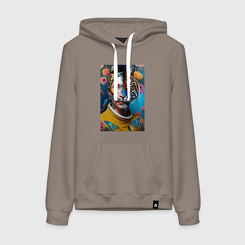 Женская толстовка-худи Девушка тигрица - коллаборация - нейросеть / Утренний латте – фото 1