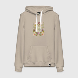 Толстовка-худи хлопковая женская Мама любит просто так надпись в цветах, цвет: миндальный