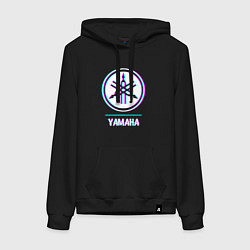 Толстовка-худи хлопковая женская Значок Yamaha в стиле glitch, цвет: черный