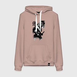 Толстовка-худи хлопковая женская Tiger samurai - hieroglyph - art, цвет: пыльно-розовый