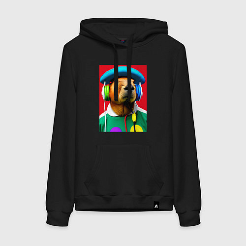 Женская толстовка-худи Капибара в наушниках и шляпе - нейросеть / Черный – фото 1