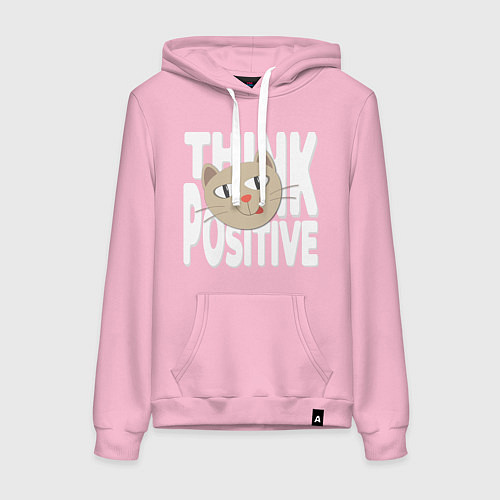 Женская толстовка-худи Забавный кот и надпись Think positive / Светло-розовый – фото 1