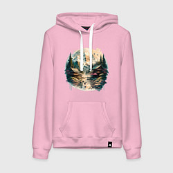 Толстовка-худи хлопковая женская Японские дома на фоне гор в стиле моротай, цвет: светло-розовый