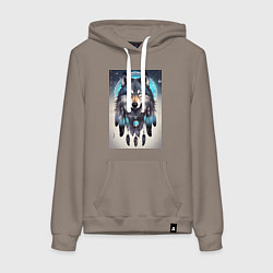 Толстовка-худи хлопковая женская Шаман волк, цвет: утренний латте