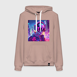 Толстовка-худи хлопковая женская Скелет в больших неоновых очках и наушниках, цвет: пыльно-розовый