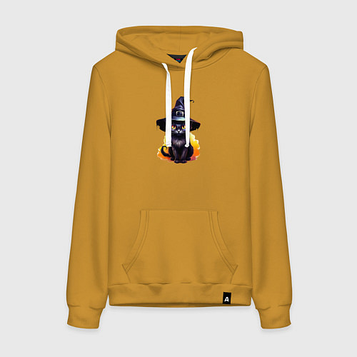 Женская толстовка-худи Черный кот в шляпе хэллоуин / Горчичный – фото 1