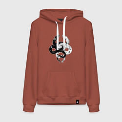 Толстовка-худи хлопковая женская Змеи инь и янь - черное белое, цвет: кирпичный