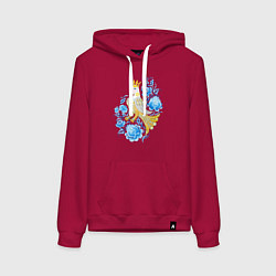 Толстовка-худи хлопковая женская Птица Сирин в цветах по мотивам гжельской росписи, цвет: маджента