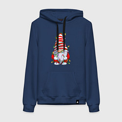 Толстовка-худи хлопковая женская Новогодний гном с гирляндой, цвет: тёмно-синий