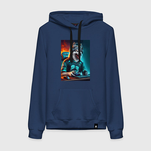 Женская толстовка-худи Волчара кибер спортсмен - нейросеть / Тёмно-синий – фото 1