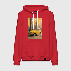 Толстовка-худи хлопковая женская Желтый ретро автомобиль, цвет: красный