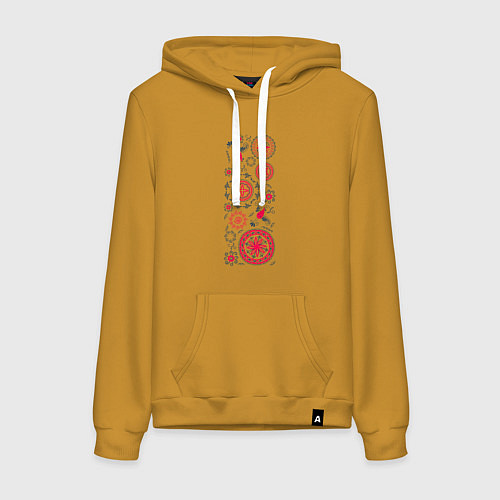 Женская толстовка-худи Славянские символы солнца круги и птицы / Горчичный – фото 1