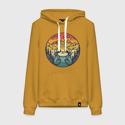 Женская толстовка-худи Ленивец турист путешествует с рюкзаком / Горчичный – фото 1