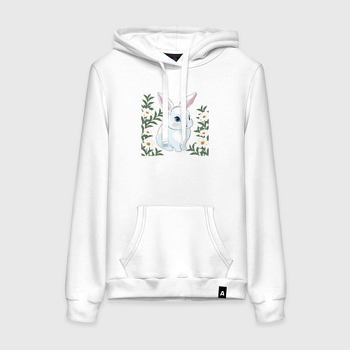 Женская толстовка-худи Милый зайчонок на фоне цветов / Белый – фото 1