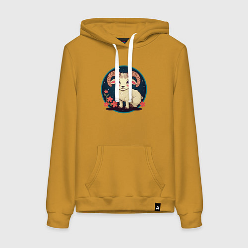 Женская толстовка-худи Барашек знак зодиака Овен на фоне цветов / Горчичный – фото 1