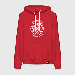 Толстовка-худи хлопковая женская Обережный символ - с нами предки наши, цвет: красный