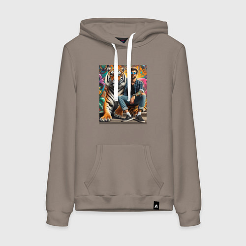 Женская толстовка-худи Чувак хипстер с тигром - нейросеть / Утренний латте – фото 1