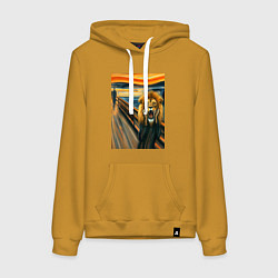 Толстовка-худи хлопковая женская Лев кричит - мем картина от нейросети, цвет: горчичный