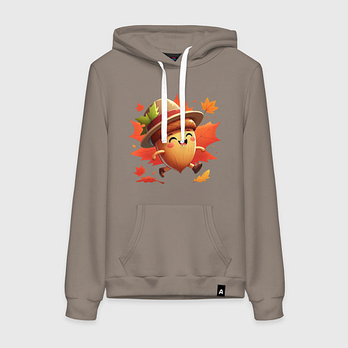 Женская толстовка-худи Веселый желудь на прогулке в листопад / Утренний латте – фото 1