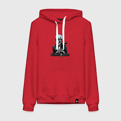 Толстовка-худи хлопковая женская Арт котик и скелет, цвет: красный