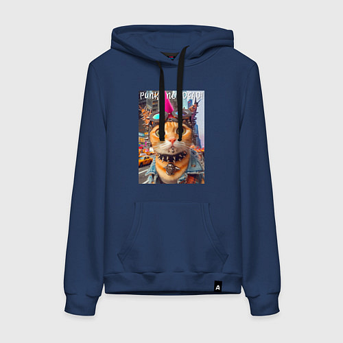 Женская толстовка-худи Котёнок панк музыкант из Нью-Йорка - нейросеть / Тёмно-синий – фото 1