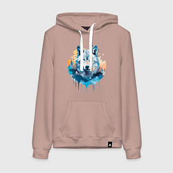 Толстовка-худи хлопковая женская Волк в первых лучах солнца, цвет: пыльно-розовый