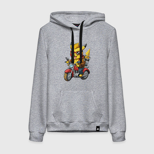 Женская толстовка-худи Пикачу на ретро мотоцикле / Меланж – фото 1