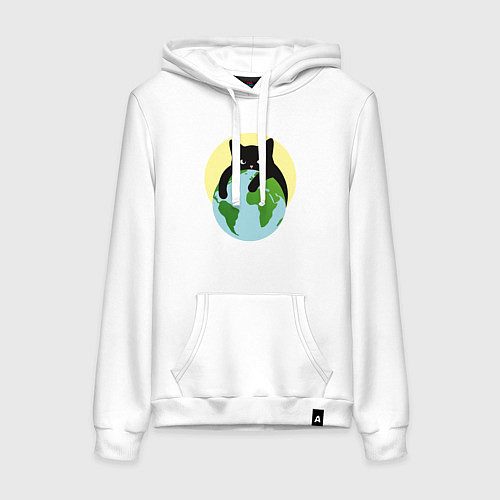 Женская толстовка-худи Котик, обнимающий землю в космосе / Белый – фото 1