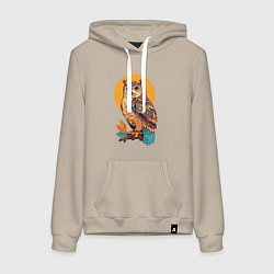 Толстовка-худи хлопковая женская Сова на ветке с листьями, цвет: миндальный