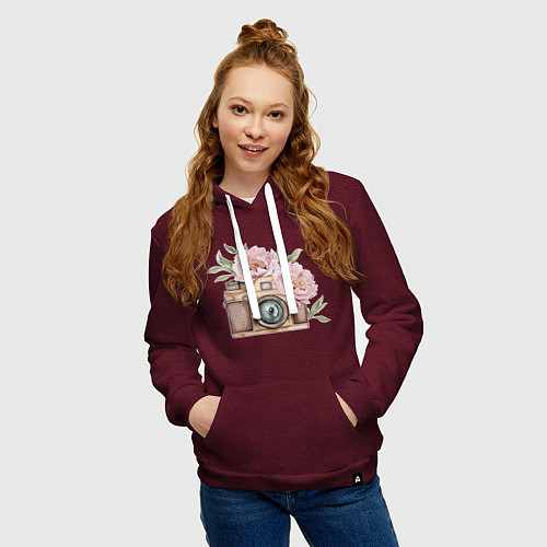 Женская толстовка-худи Фотоаппарат с пионами / Меланж-бордовый – фото 3