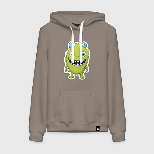 Женская толстовка-худи Смешной зеленый монстрик / Утренний латте – фото 1