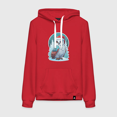 Женская толстовка-худи Полярная сова на фоне зимнего леса / Красный – фото 1