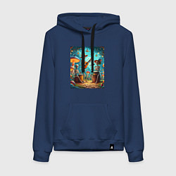 Толстовка-худи хлопковая женская Трио скелетов музицируют на грибной поляне, цвет: тёмно-синий