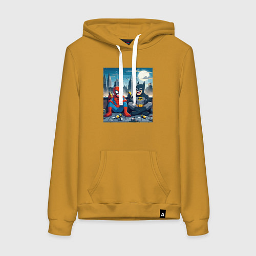 Женская толстовка-худи Человек паук и Бэтмен пьют пиво на крыше небоскрёб / Горчичный – фото 1