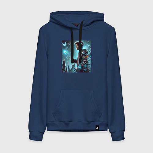 Женская толстовка-худи Harry Potter with a magic wand - cyberpunk / Тёмно-синий – фото 1