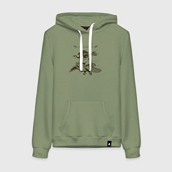 Толстовка-худи хлопковая женская Мопс летчик на сове и с пиццей, цвет: авокадо