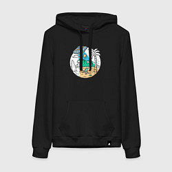 Толстовка-худи хлопковая женская Летающая тарелка на пляже, цвет: черный