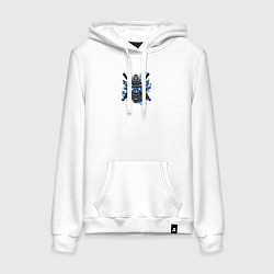 Толстовка-худи хлопковая женская Маска самурая с синим пламенем, цвет: белый