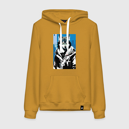 Женская толстовка-худи Волк в мегаполисе - нейроарт / Горчичный – фото 1