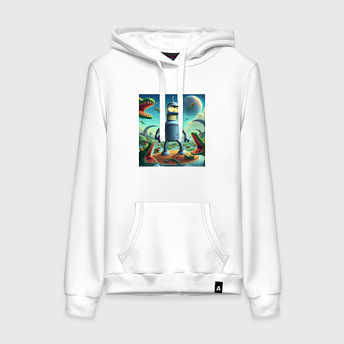 Женская толстовка-худи Робот-сгибальщик Бендер с пистолетом среди крокоди / Белый – фото 1