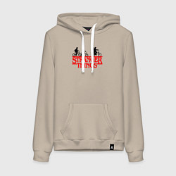 Толстовка-худи хлопковая женская Очень странные дела надпись, цвет: миндальный