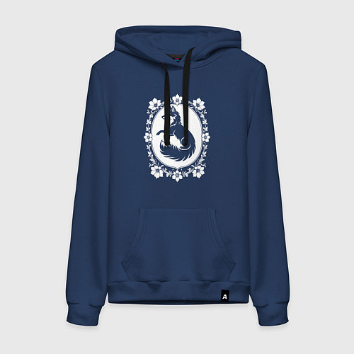 Женская толстовка-худи Лиса в цветочной раме / Тёмно-синий – фото 1