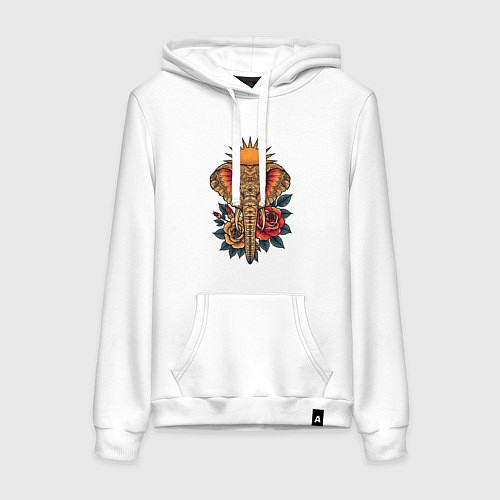 Женская толстовка-худи Слон на фоне солнца с розами в стиле тату / Белый – фото 1