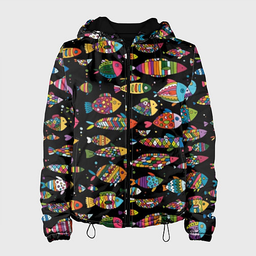 Женская куртка Разноцветные рыбы - черный фон / 3D-Черный – фото 1