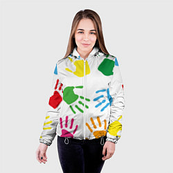 Куртка с капюшоном женская Цветные ладошки - Детский узор, цвет: 3D-белый — фото 2