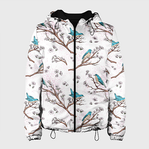 Женская куртка Птички весной на ветках Сакуры / 3D-Черный – фото 1