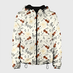 Куртка с капюшоном женская Скрипка, ноты, цветы, цвет: 3D-черный