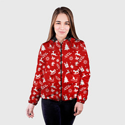 Куртка с капюшоном женская НОВОГОДНИЙ УЗОР КРАСНО БЕЛЫЙ, цвет: 3D-черный — фото 2