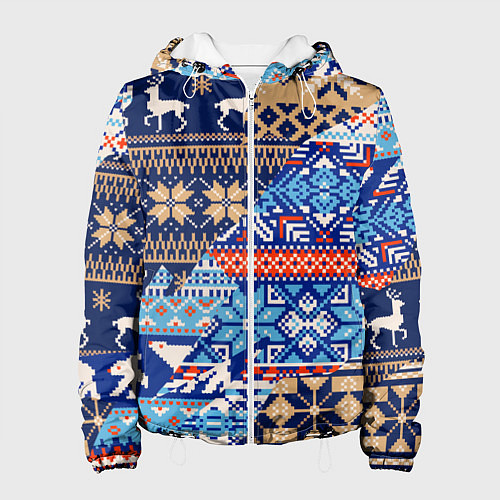 Женская куртка НОВОГОДНИЙ УЗОР ОЛЕНИ И МЕДВЕДИ НОВЫЙ ГОД 2022 / 3D-Белый – фото 1