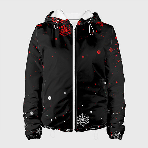 Женская куртка КРАСНО БЕЛЫЕ СНЕЖИНКИ НА ЧЁРНОМ ФОНЕ / 3D-Белый – фото 1